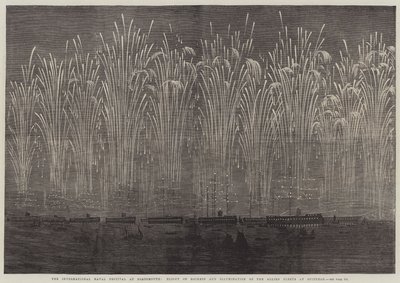 Il Festival Navale Internazionale a Portsmouth, volo di razzi e illuminazione delle flotte alleate a Spithead (incisione) da English School