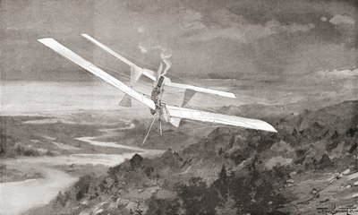 La macchina volante Langley Aerodrome in volo nel XIX secolo. Da The Strand Magazine pubblicato nel 1897. da English School