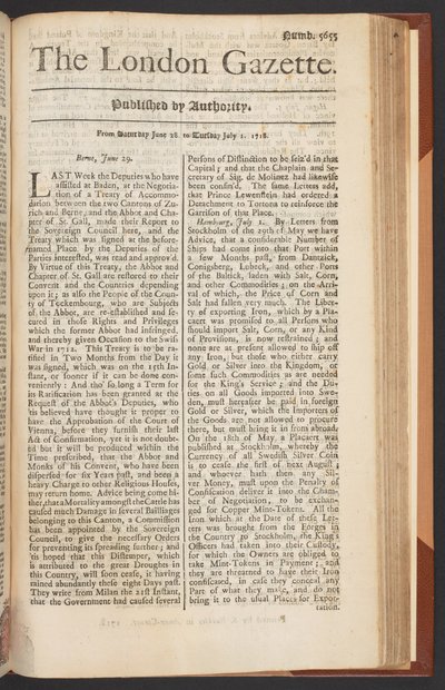 The London Gazette, numero 5655, pagina 1, 28 giugno 1718 da English School