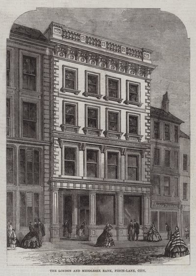 La Banca di Londra e Middlesex, Finch-Lane, City (incisione) da English School