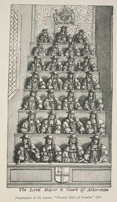 Il sindaco e la corte degli assessori, frontespizio da Angliae Metropolis di De Laune, 1681 da English School