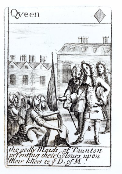 Le cameriere di Taunton inginocchiate davanti al duca di Monmouth, 18 giugno 1685, carta da gioco della regina di quadri da un set che commemora la ribellione di Monmouth da English School