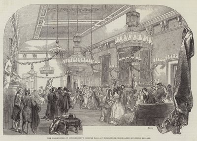 Il ballo in costume della Marchesa di Londonderry, a Holdernesse House, la galleria delle sculture (incisione) da English School