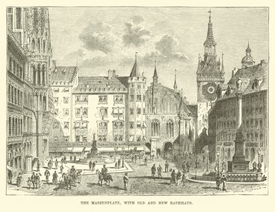 La Marienplatz, con il vecchio e nuovo Rathaus da English School