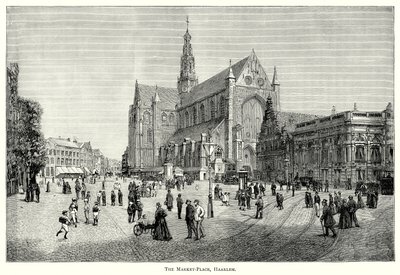 La piazza del mercato, Haarlem (incisione) da English School