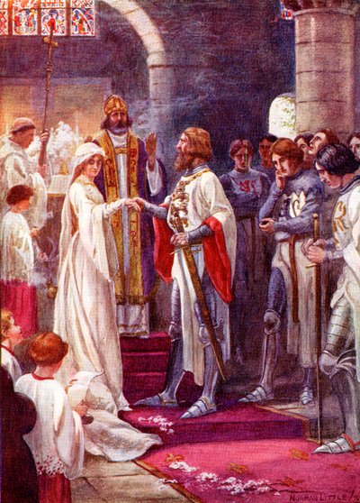 Il matrimonio di Re Artù e Ginevra. Illustrazione a colori dal libro The Gateway to Tennyson pubblicato nel 1910 da English School