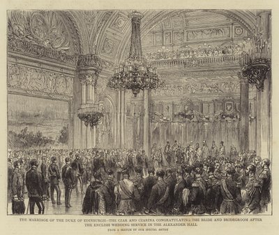 Il matrimonio del Duca di Edimburgo, lo Zar e la Zarina congratulano la sposa e lo sposo dopo il servizio nuziale inglese nella Sala Alessandro da English School