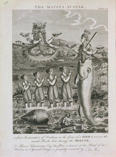 Il Matsya Avatar, o la Prima Incarnazione di Vishnu in Forma di Pesce per Recuperare i Libri Sacri Persi Durante il Diluvio, inciso da Barlow da English School