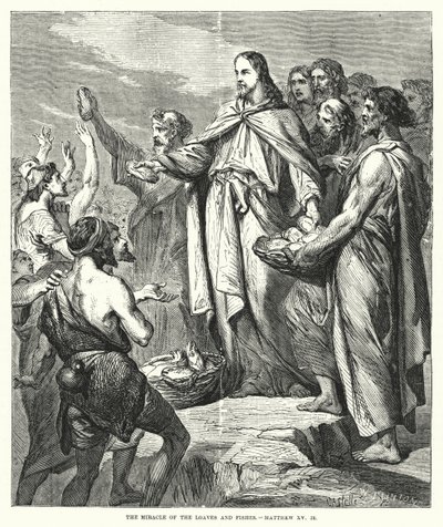 Il miracolo dei pani e dei pesci, Matteo XV, 36 (incisione) da English School
