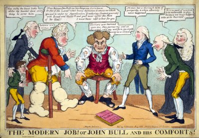 Il moderno Giobbe! O John Bull e i suoi conforti!, pub. 1816 (incisione colorata a mano) da English School