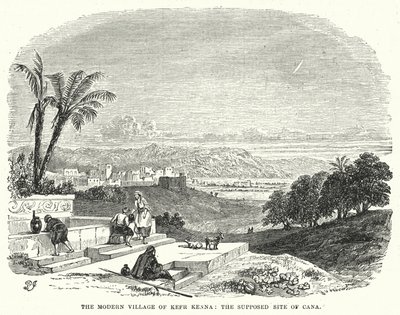 Il moderno villaggio di Kefr Kenna, il presunto sito di Cana (incisione) da English School