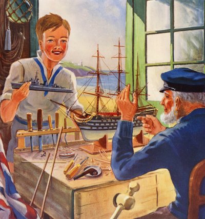 Il tocco di Nelson, modellisti navali vecchi e giovani (litografia a colori) da English School