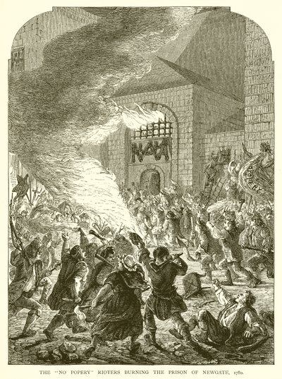 I rivoltosi anti-cattolici incendiano la prigione di Newgate, 1780 da English School
