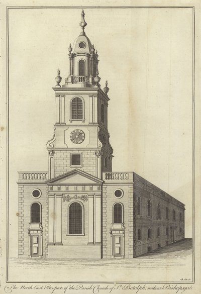 Prospetto nord-est della Chiesa parrocchiale di St Botolph senza Bishopsgate, Londra da English School