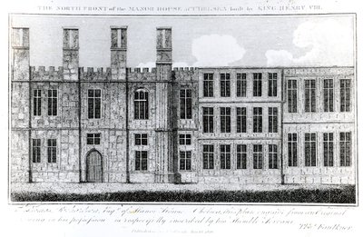 La facciata nord della Manor House a Chelsea costruita da re Enrico VIII, incisa da J. Barlow, un