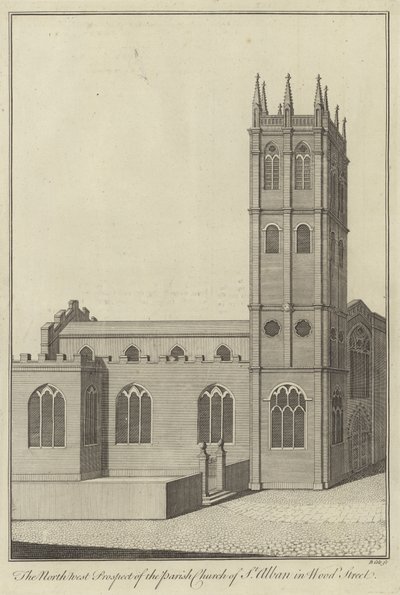Prospetto nord-ovest della Chiesa parrocchiale di St Alban in Wood Street, Londra da English School