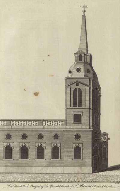 Prospetto nord-ovest della Chiesa parrocchiale di St Benet Gracechurch, Londra da English School