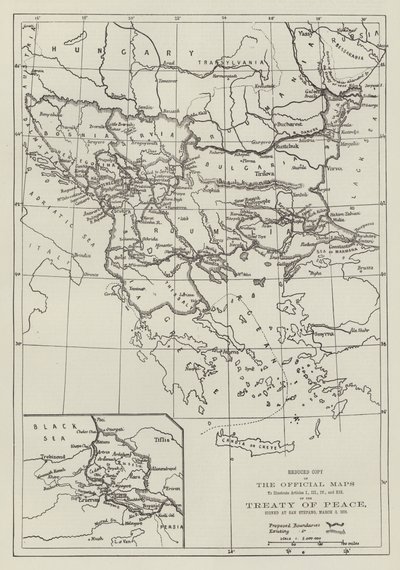 Le mappe ufficiali del trattato di pace, firmato a San Stefano, 3 marzo 1878 da English School