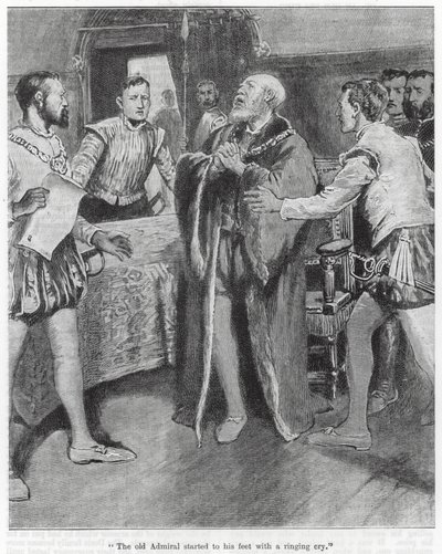 "Il vecchio ammiraglio si alzò in piedi con un grido squillante" (incisione) da English School