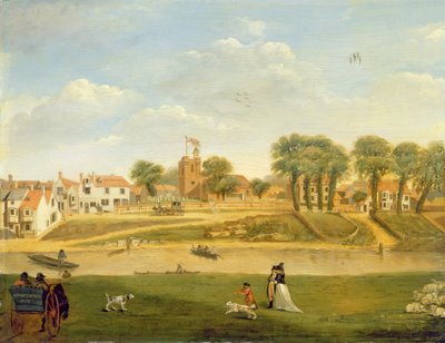 La vecchia chiesa parrocchiale e il villaggio, Hampton-on-Thames, Middlesex da English School