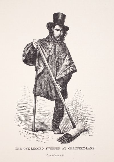 Lo spazzino con una gamba sola a Chancery Lane, da una fotografia, illustrazione da London Labour and London Poor di Henry Mayhew, pub. 1862 da English School