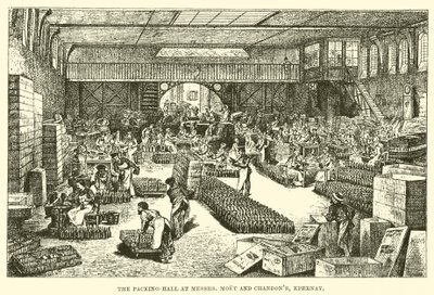 La sala di imballaggio presso Messrs Moet e Chandon, Epernay (incisione) da English School