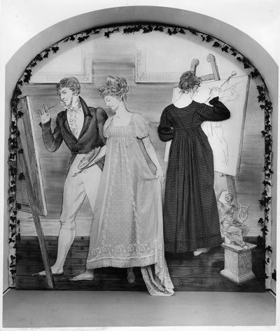 La lezione di pittura, parte di una mostra al Museo della Moda con due abiti da giorno, inizio XIX secolo da English School