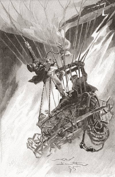 I pericoli del volo in mongolfiera. Un pallone in difficoltà e in procinto di schiantarsi. Da The Strand Magazine, pubblicato nel 1896 (litografia) da English School
