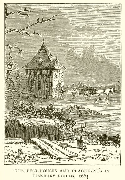 Le case della peste e le fosse comuni nei campi di Finsbury, 1664 da English School