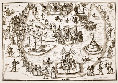 Lo stagno a Elvetham durante la visita della regina Elisabetta, da The Honourable Entertainment given to the Queens Majestie in Prgresse at Elvetham in Hampshire by the Right Honble the Earl of Hertford, 1591 da English School