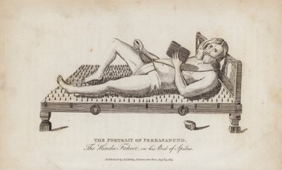 Il ritratto di Perkasanund, il fachiro indù, sul suo letto di spine (incisione) da English School
