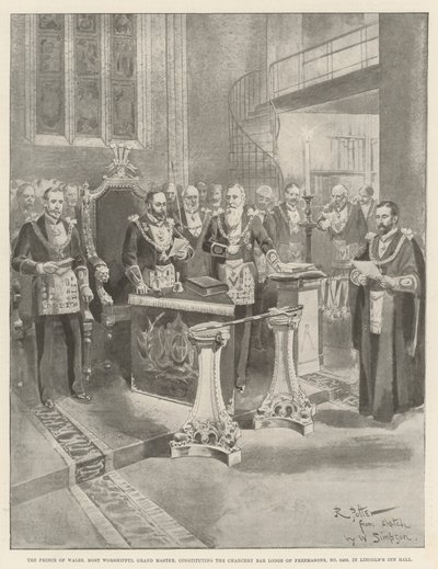 Il principe di Galles, Gran Maestro, che costituisce la Chancery Bar Lodge of Freemasons, No 2456, nella Lincoln