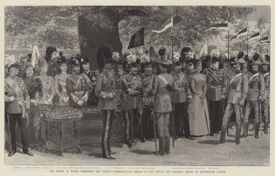 Il Principe di Galles presenta le medaglie commemorative del Giubileo alle truppe indiane e coloniali a Buckingham Palace (litografia) da English School