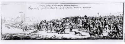 La processione di Carlo II e della sua nuova regina, Caterina di Braganza, da Portsmouth a Hampton Court, 1662 da English School