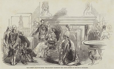 La Sala del Disegno della Regina, Sua Maestà ispeziona i Modelli del Royal Exchange di Mr Tite da English School