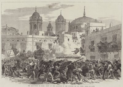 La rivoluzione in Spagna, combattimento alla barricata nel quartiere de Los Vinas, Cadice (incisione) da English School