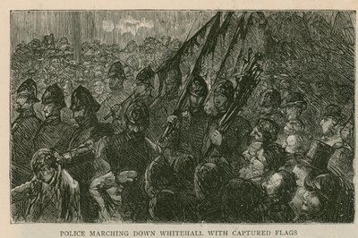 La rivolta a Trafalgar Square: La polizia marcia lungo Whitehall con bandiere catturate da English School