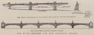 I progetti rivali per il nuovo ponte di Vauxhall (incisione) da English School
