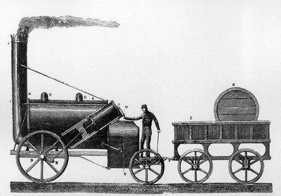 La Rocket, locomotiva a vapore progettata e costruita da George e Robert Stephenson nel 1829 per la ferrovia Liverpool-Manchester da English School