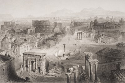 Il Foro Romano dal Campidoglio, Roma (inciso da A. Willmore) da English School