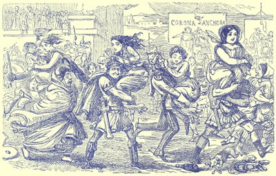 I Romani che portano via le donne Sabine, illustrazione da La Storia Comica di Roma di Gilbert Abbott a Beckett, pubblicata c.1850 da English School