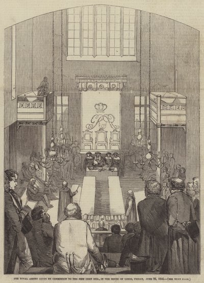 Il consenso reale dato per commissione al nuovo Corn Bill, nella Camera dei Lord, venerdì 26 giugno 1846 (incisione) da English School
