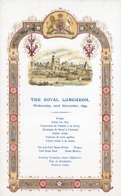 Il Pranzo Reale, mercoledì 22 novembre 1899, menù da English School