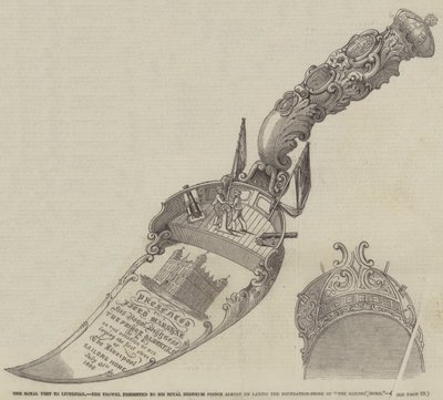 La visita reale a Liverpool, la cazzuola presentata a Sua Altezza Reale il Principe Alberto durante la posa della prima pietra della "Casa dei Marinai" (incisione) da English School