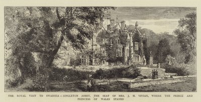 La visita reale a Swansea, Singleton Abbey, la residenza di Mrs J H Vivian, dove soggiornarono il Principe e la Principessa del Galles (incisione) da English School