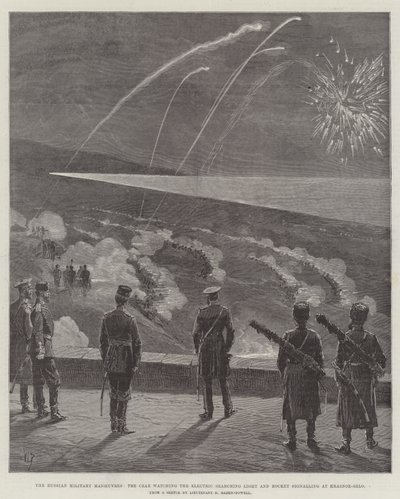 Le Manovre Militari Russe, lo Zar che Osserva la Luce di Ricerca Elettrica e il Segnalamento a Razzo a Krasnoe-Selo da English School