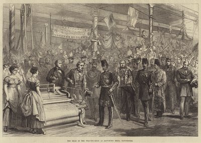 Lo Scià nella sala di tessitura dei mulini di Haworth, Manchester da English School