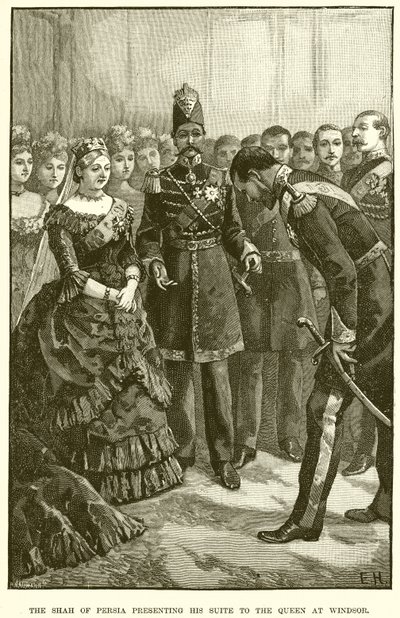 Lo Scià di Persia che presenta il suo seguito alla Regina a Windsor da English School