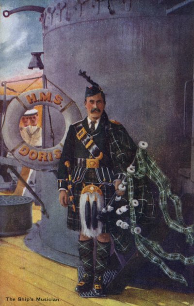 Il musicista della nave, suonatore di cornamusa (litografia a colori) da English School