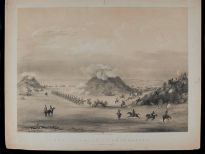 Lo scontro a Driekoppen, vicino a Zwaartkopjes, 1845, inciso da Paul Gauci (1834-66), pubblicato c.1845 da English School